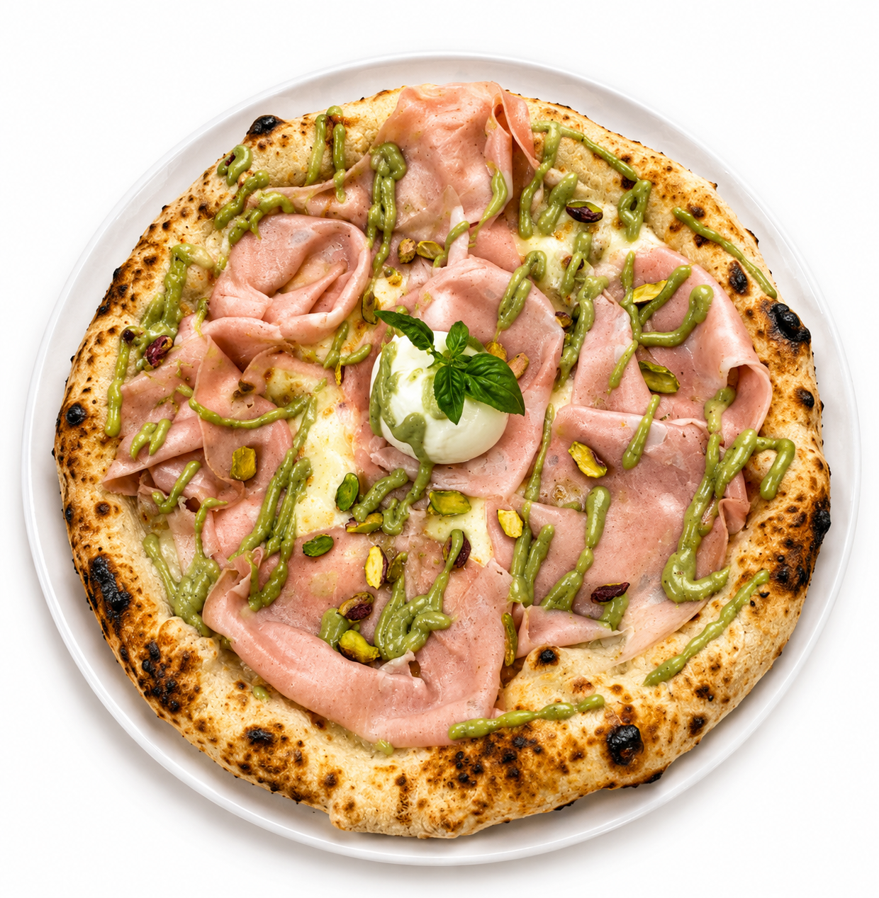 La Pistacchio — White pizza base with ricotta cheese, mozzarella, pistachio cream, mortadella and olive oil