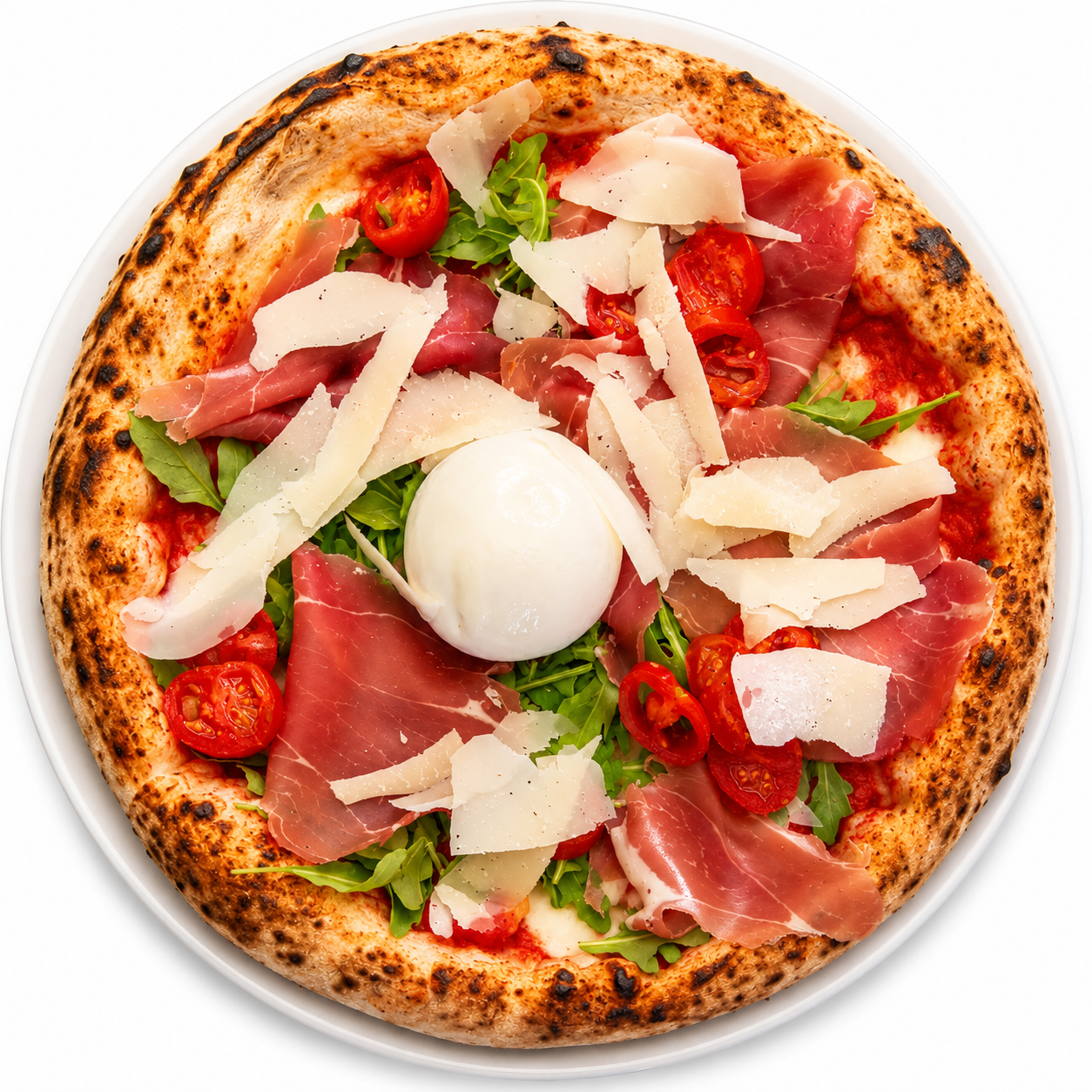 Primavera — White base pizza with cherry tomatoes, mozzarella, Parma ham, rocket, parmesan and burrata cheese coming out of the oven